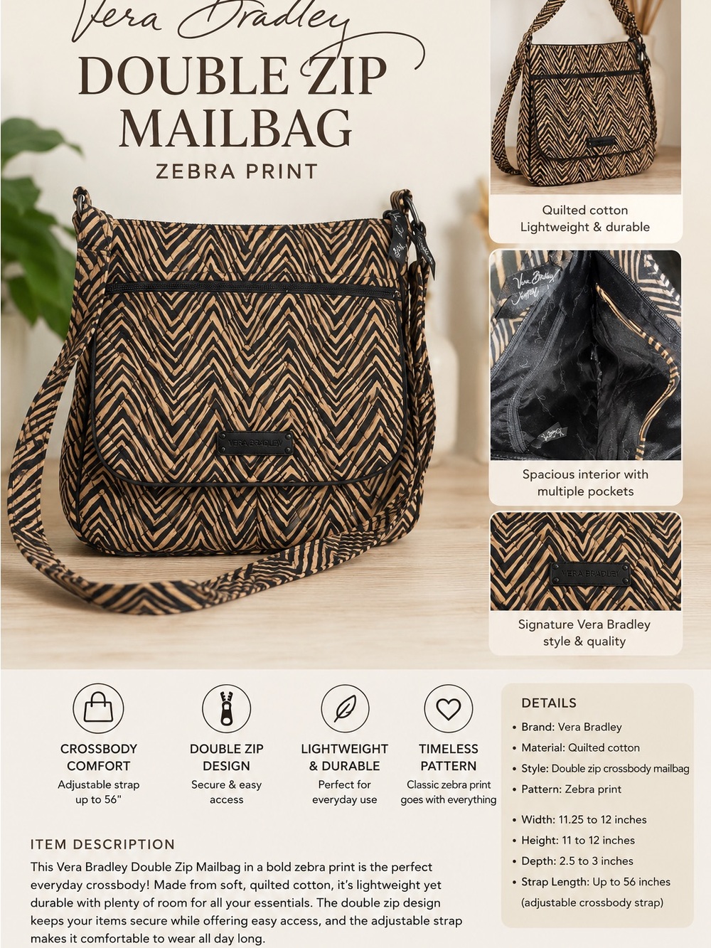 Vera Bradley Zebra Print Double Zip Crossbody Bag - Black & Tan
